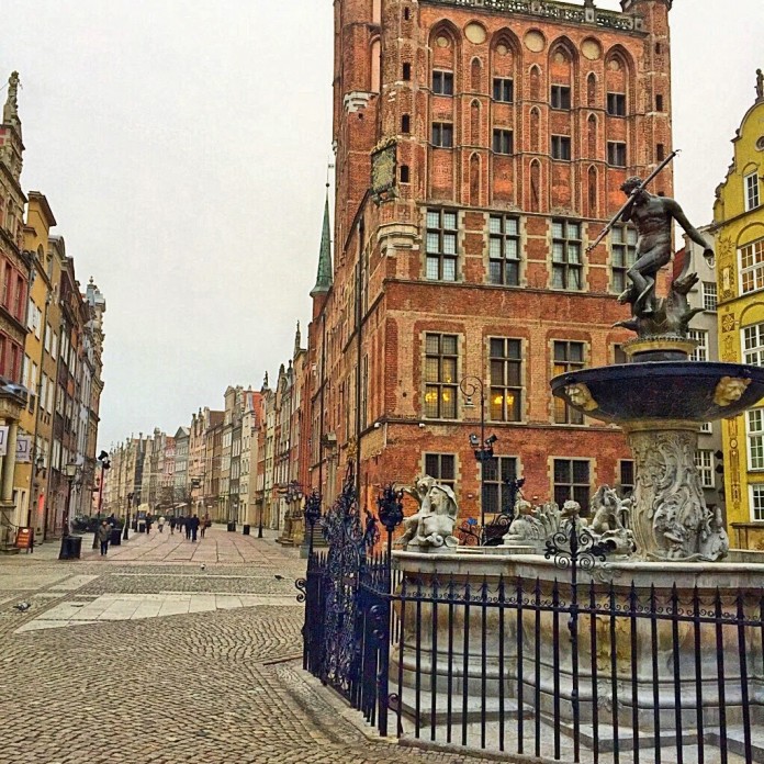 Old town in Gdansk and Neptune fountain