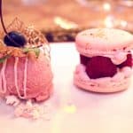 Macarons with wild berries, vanilla flavored cream and wild strawberry sorbet