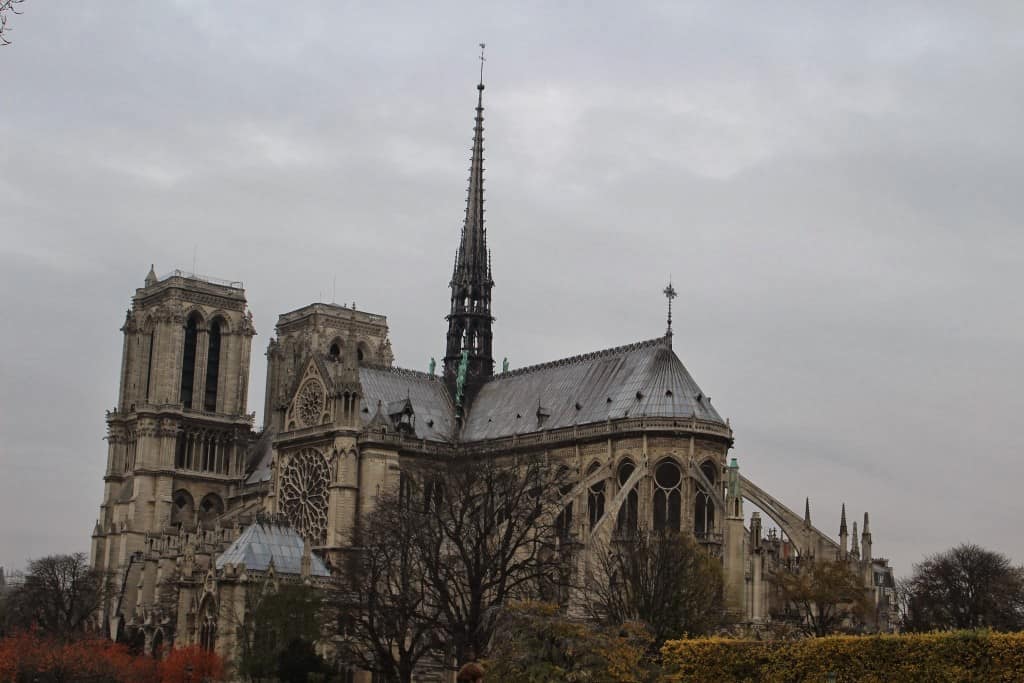 notre dame cathedral Paris from a distance rainy day